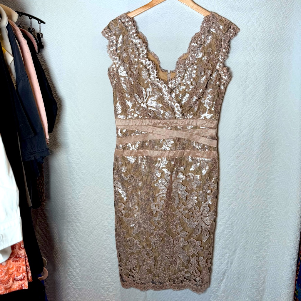 Tadashi Shoji Size 10 Metallic Gold Sequin Smoke Paulette Sheath Dress 3t896mxz